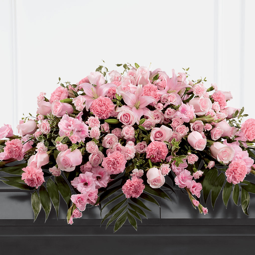 glorious garden casket spray Garden of Comfort Casket Spray (Standard) – pink flower arrangement | Strongsville, OH