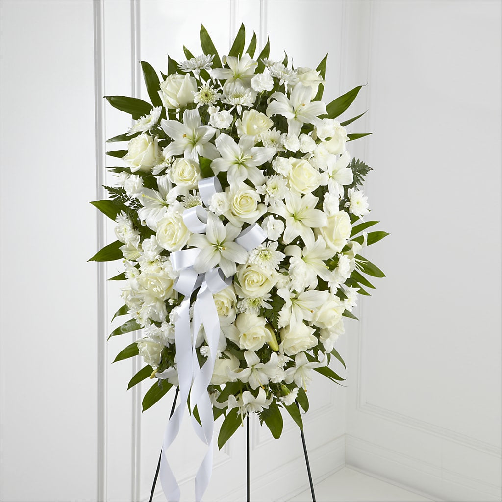 Exquisite Tribute Standing Spray-White Ribbon – HIRT'S FLOWERS INC, Strongsville OH