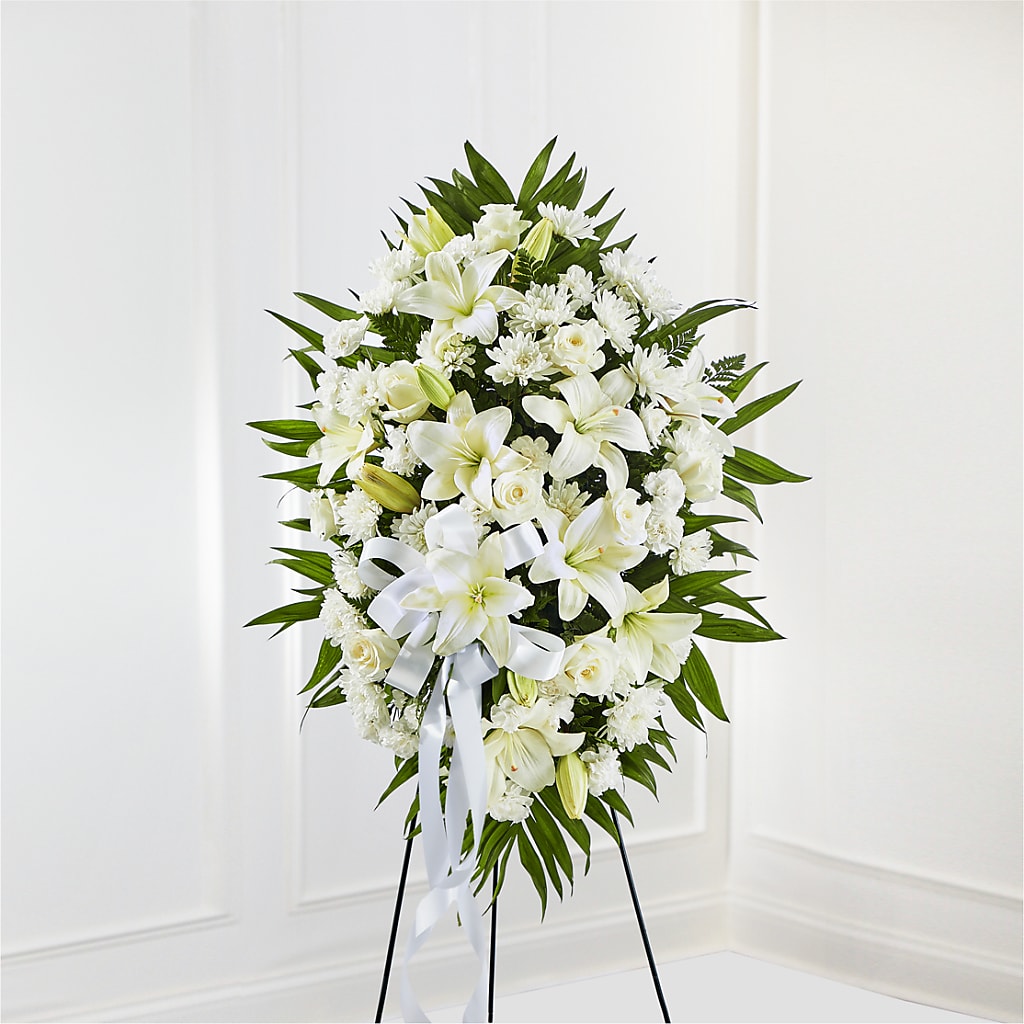 Exquisite Tribute Standing Spray-White Ribbon – HIRT'S FLOWERS INC, Strongsville OH