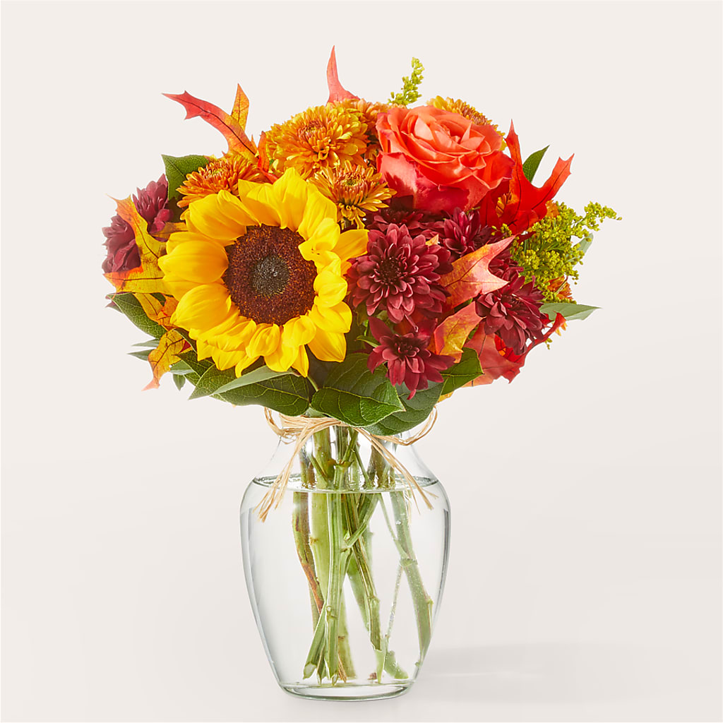 Sunny Side Bouquet – burgundy, butterscotch, orange, yellow flower