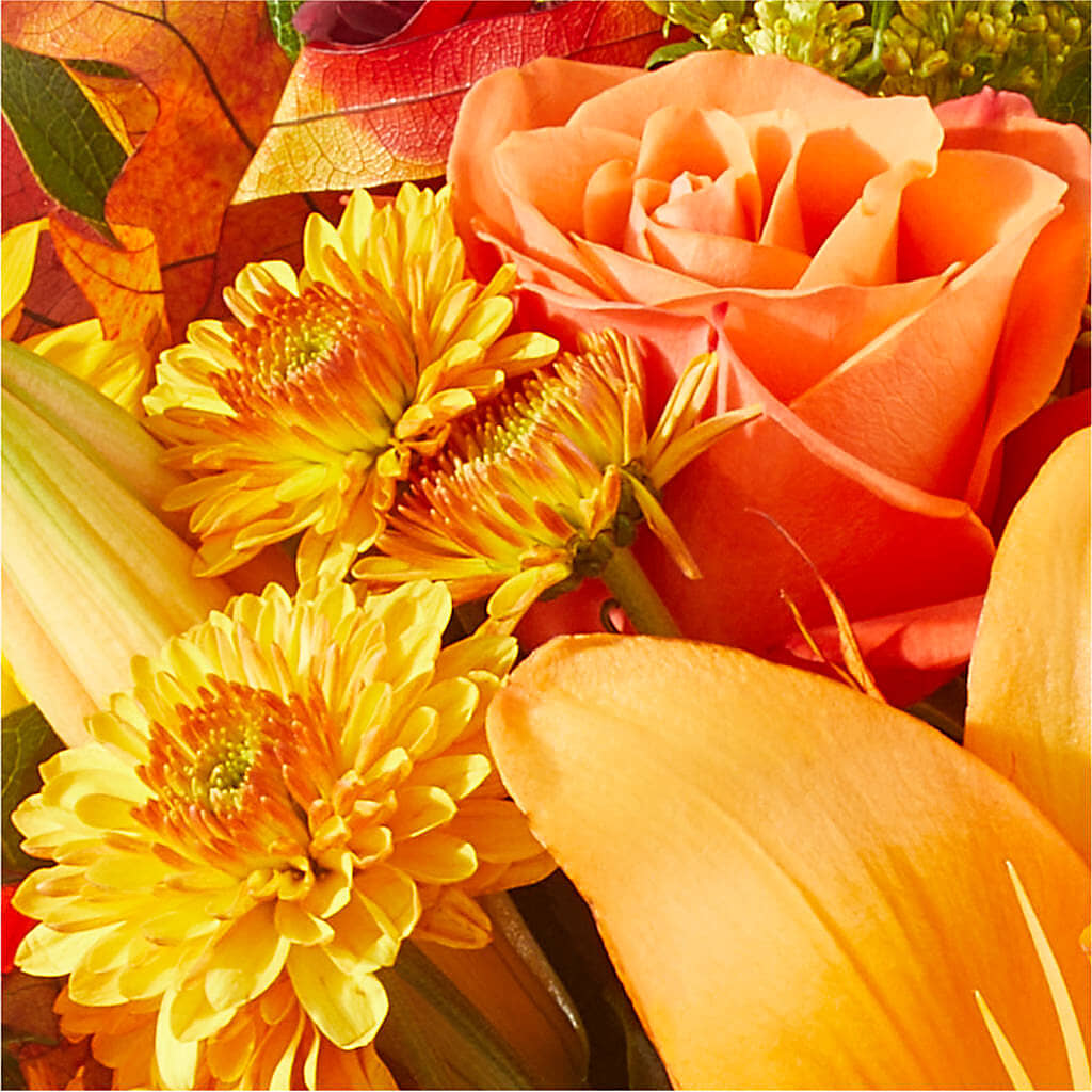 Sunny Side Bouquet – burgundy, butterscotch, orange, yellow flower